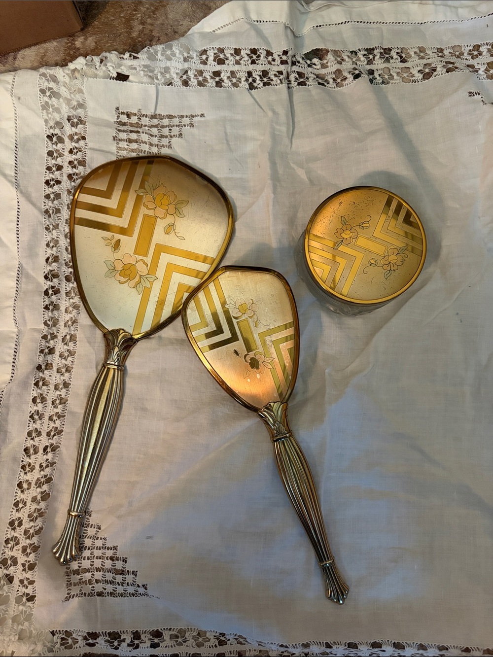 Gold Floral Vanity Mirror and Brush Set - Decorative Wall Accent